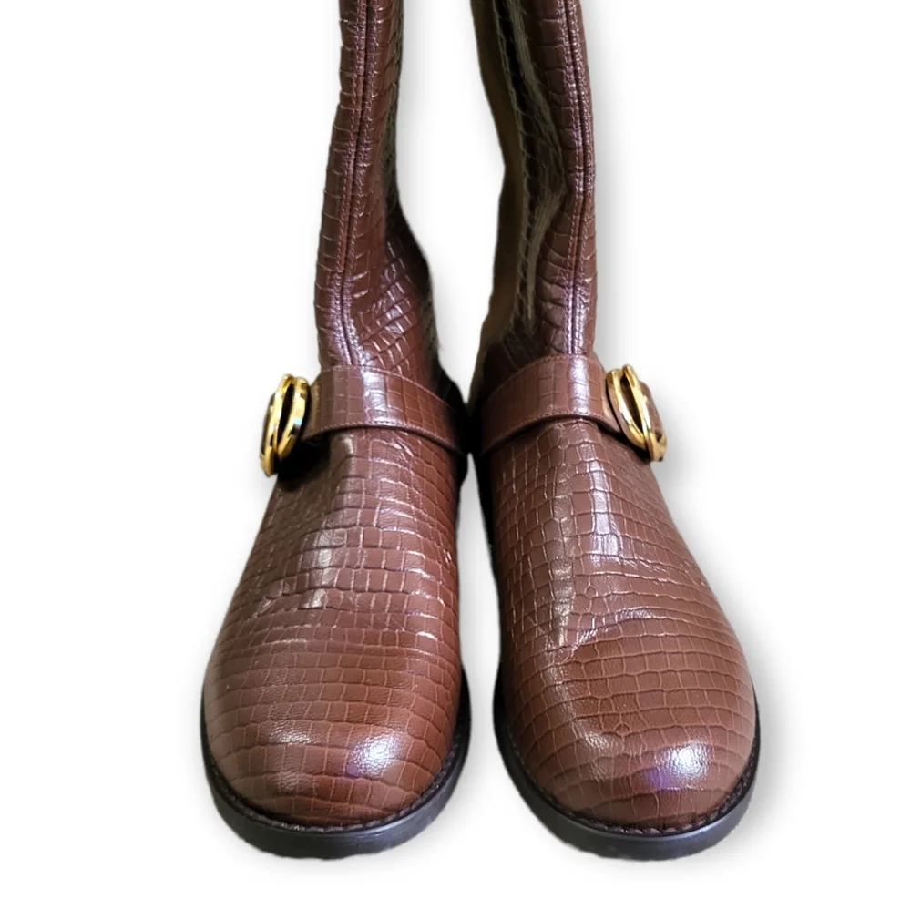 Stuart Weitzman Siella Leather Croc Embossed Riding Boots Gold Buckle 6